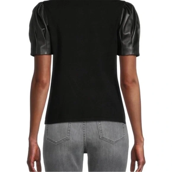 Black Puff Sleeve Leather Women's Top - Picture 2 of 5